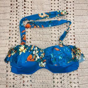 Lands End Blue Molded Cup Halter Bikini Top w/Tropical Floral Ruffle Size 14 D